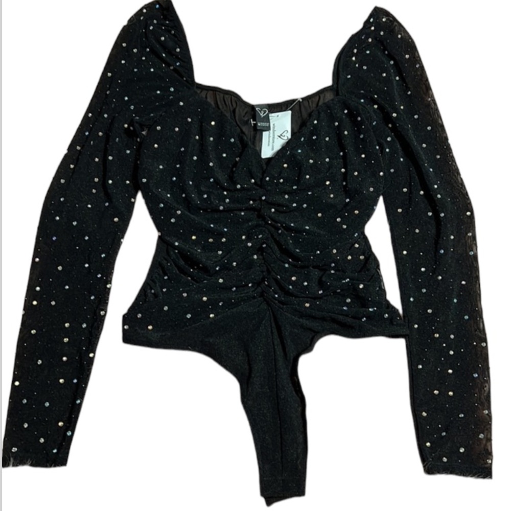 Windsor Black Long-Sleeve Rhinestone Ruched Bodysuit